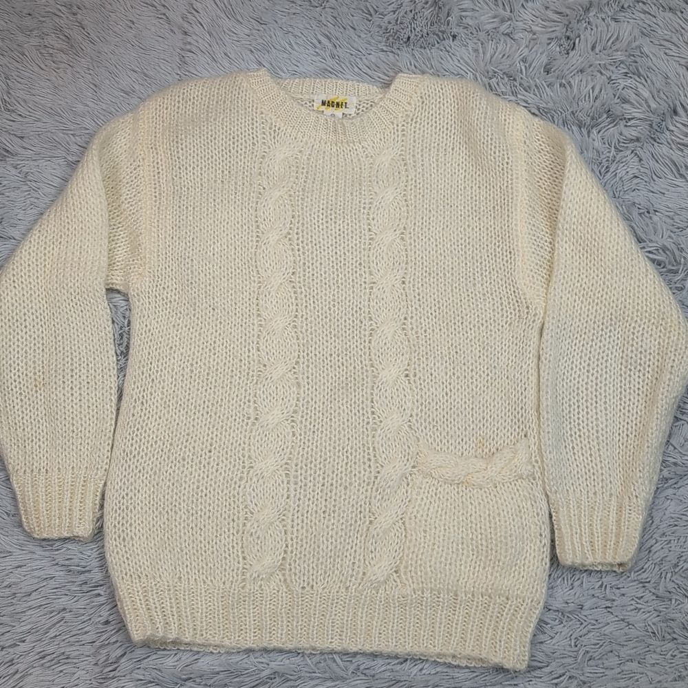 Vintage Magnet Sweater Womens M Wool Blend Open Knit Pocket Cozy Comfort Casual